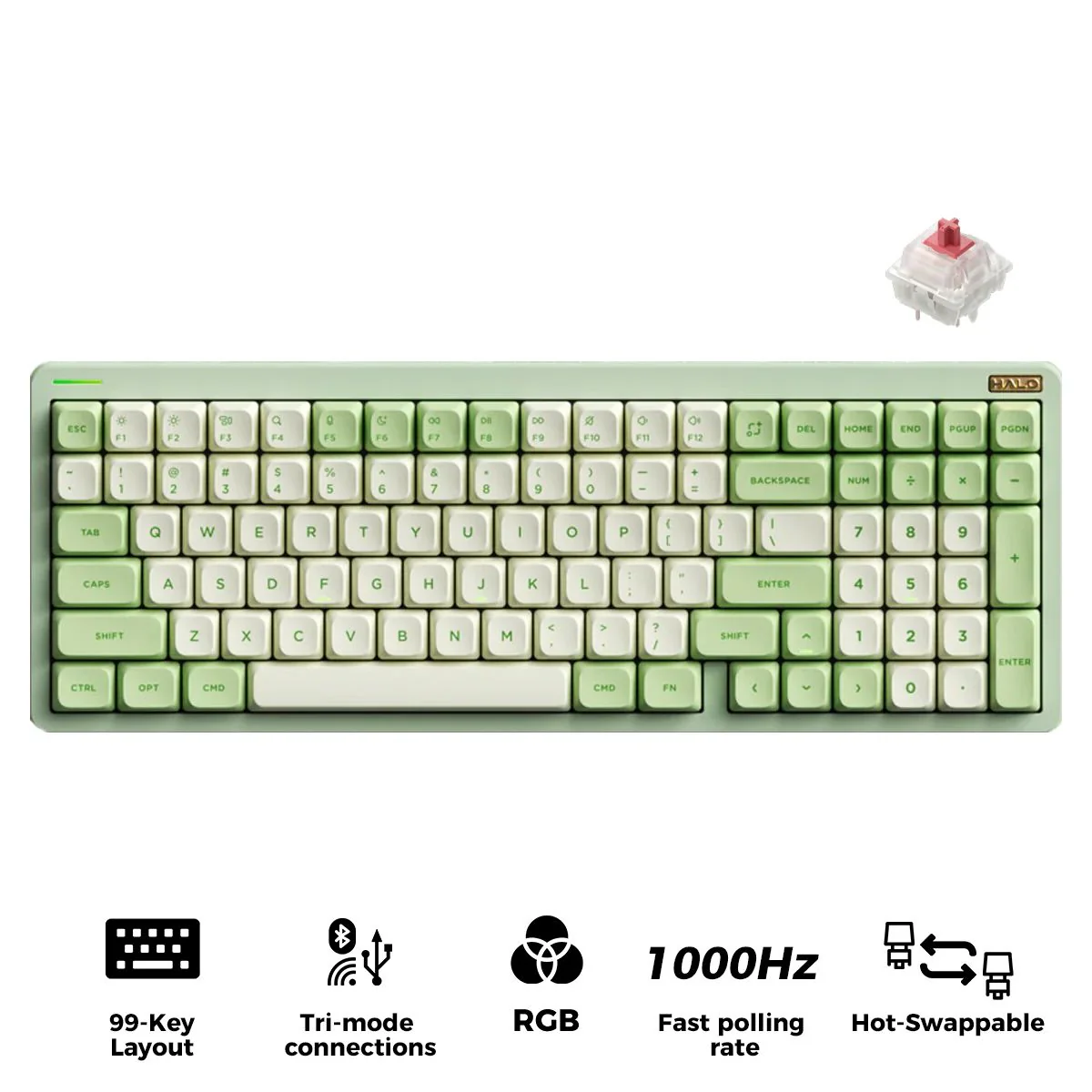 NuPhy Halo96 V2 QMK/VIA RGB Hot-Swappable 99-Key Wireless Mechanical Keyboard (Mojito) (Silent Red Clear-Top Switch)