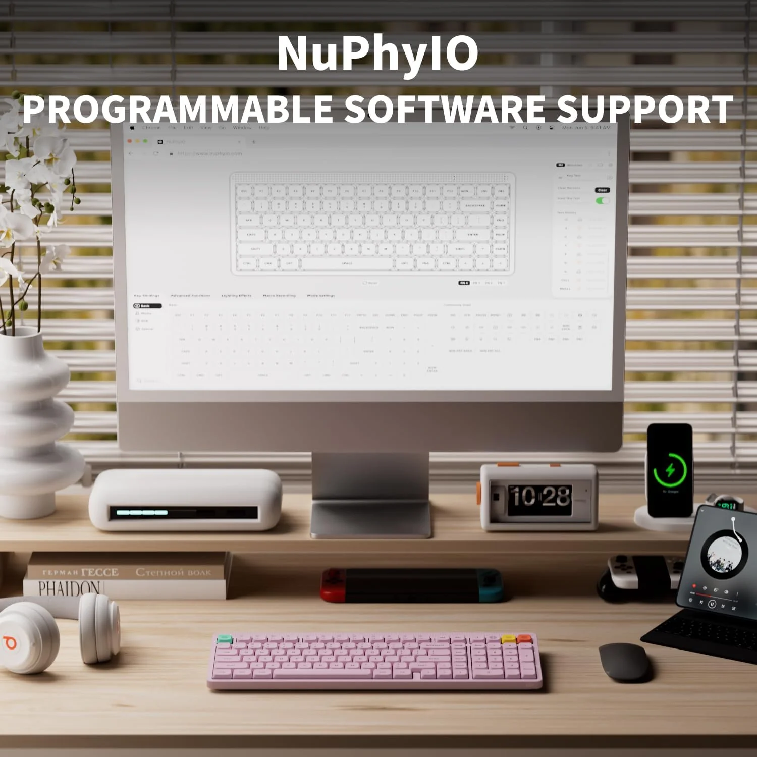 NuPhy Node100 Low-Profile Hot-Swappable Full-Size Wireless Mechanical Keyboard (Blush nano Switch) (Light Pink) - Image 8