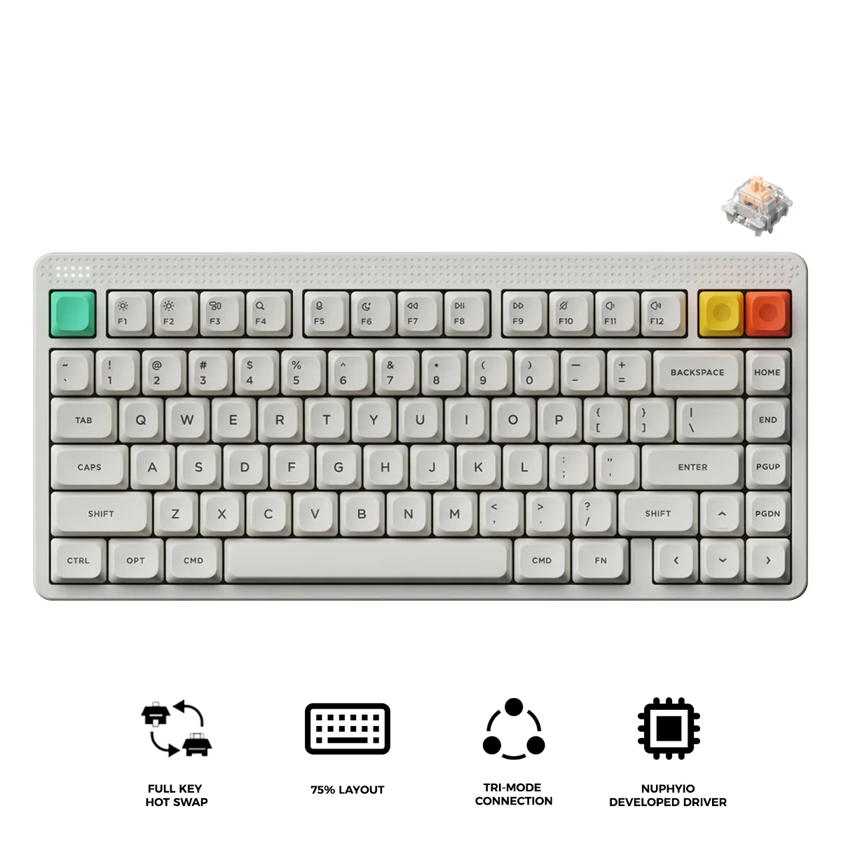 Nuphy Node75 High-Profile Hot-Swappable 82-Key Tri-Mode Wireless Mechanical Keyboard (Lunar White) (Blush Max Switch)