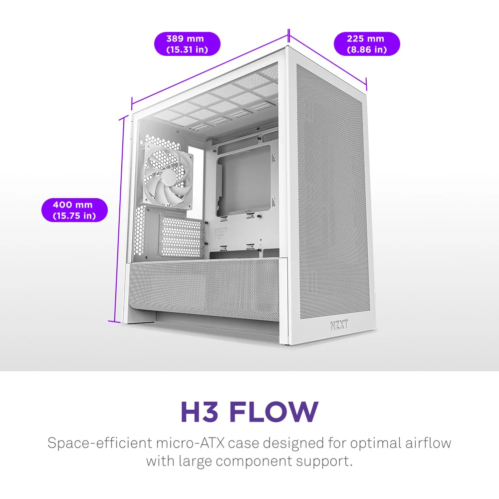 NZXT H3 Flow TG Side Panel Micro-ATX Airflow Case (Black, White) - Image 3