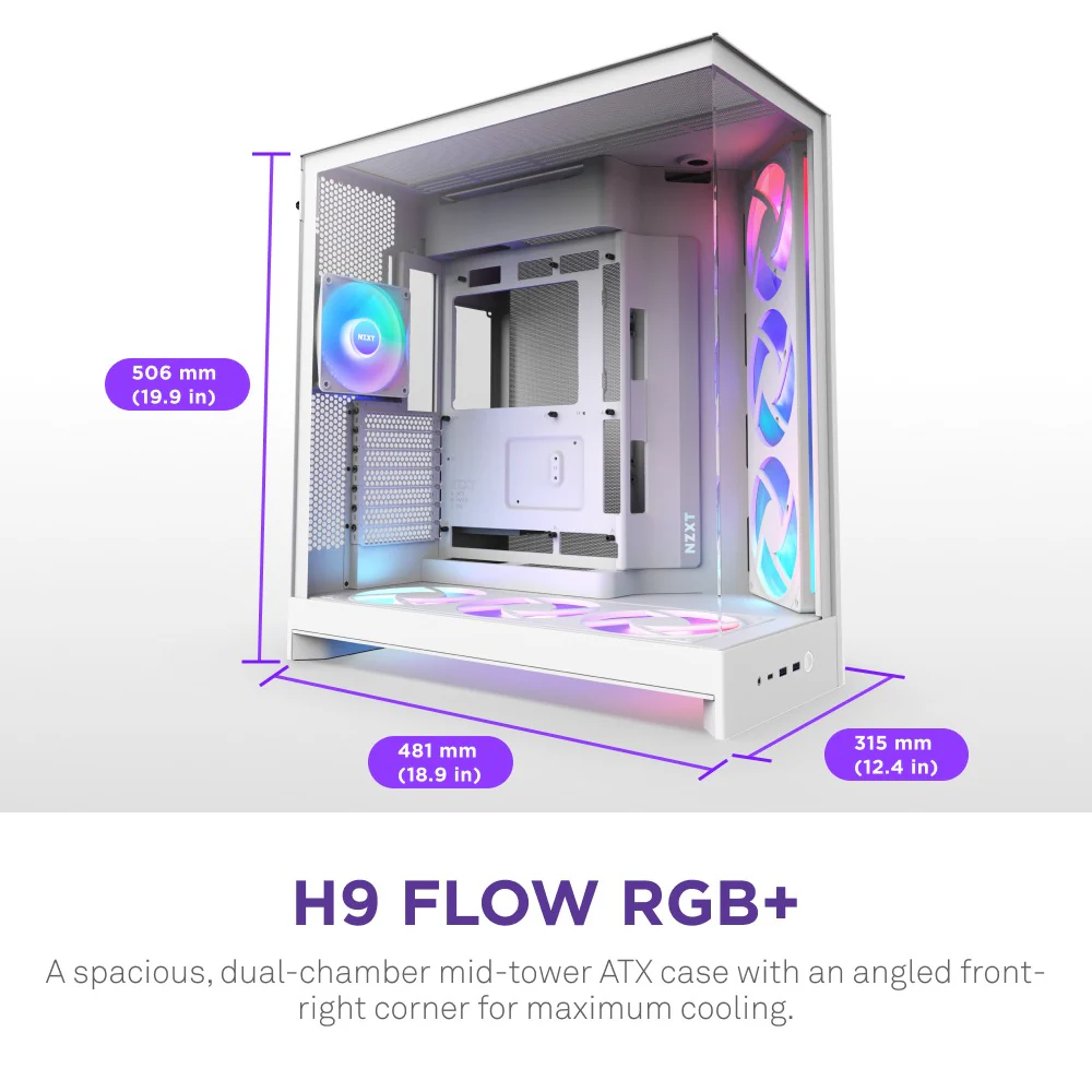 NZXT H9 Flow RGB Large Dual-Chamber Mid-Tower ATX Airflow Case with RGB (Black, White) - Image 10