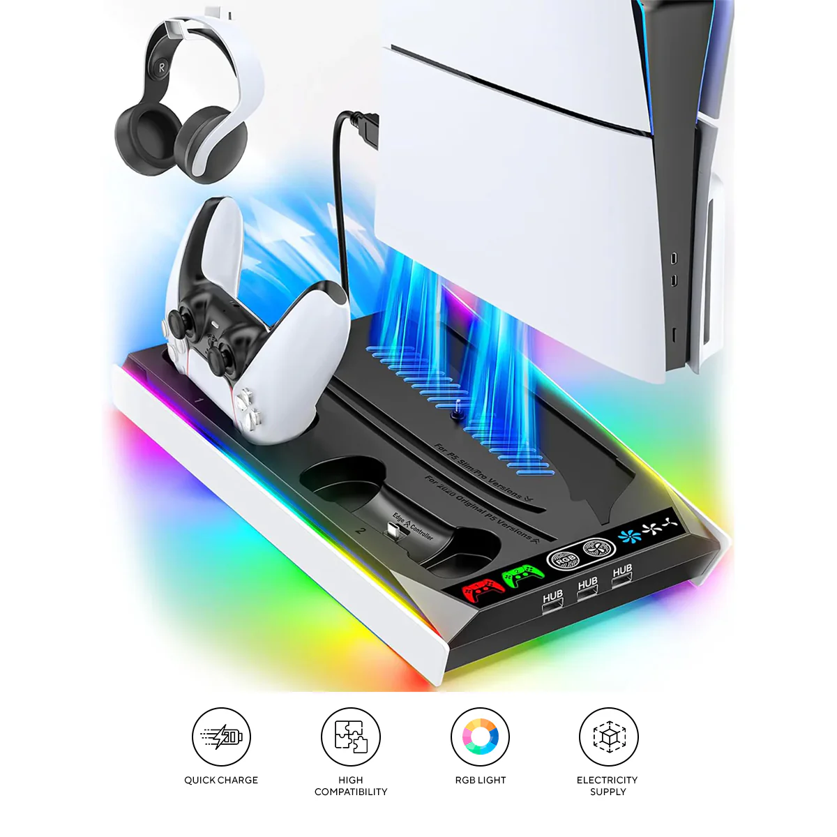 OIVO Multi-Function Cooling Stand and Controller Charger w/ LED Light for PS5 / PS5 Slim / PS5 Pro (Black) (VG-P5296XS-Pro)