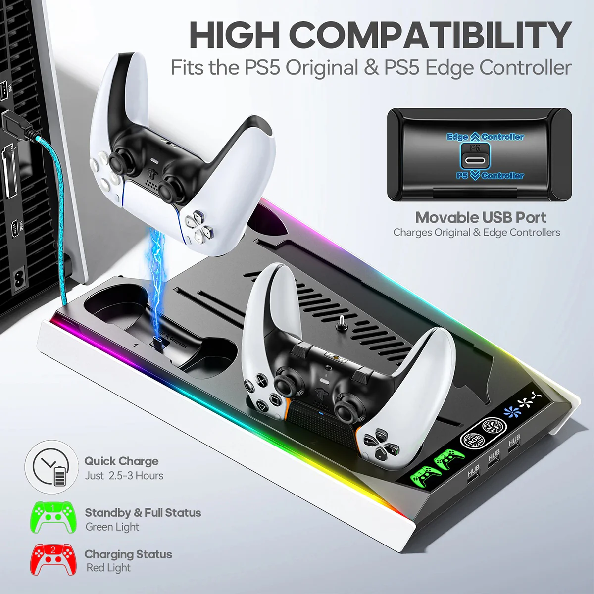 OIVO Multi-Function Cooling Stand and Controller Charger w/ LED Light for PS5 / PS5 Slim / PS5 Pro (Black) (VG-P5296XS-Pro) - Image 5