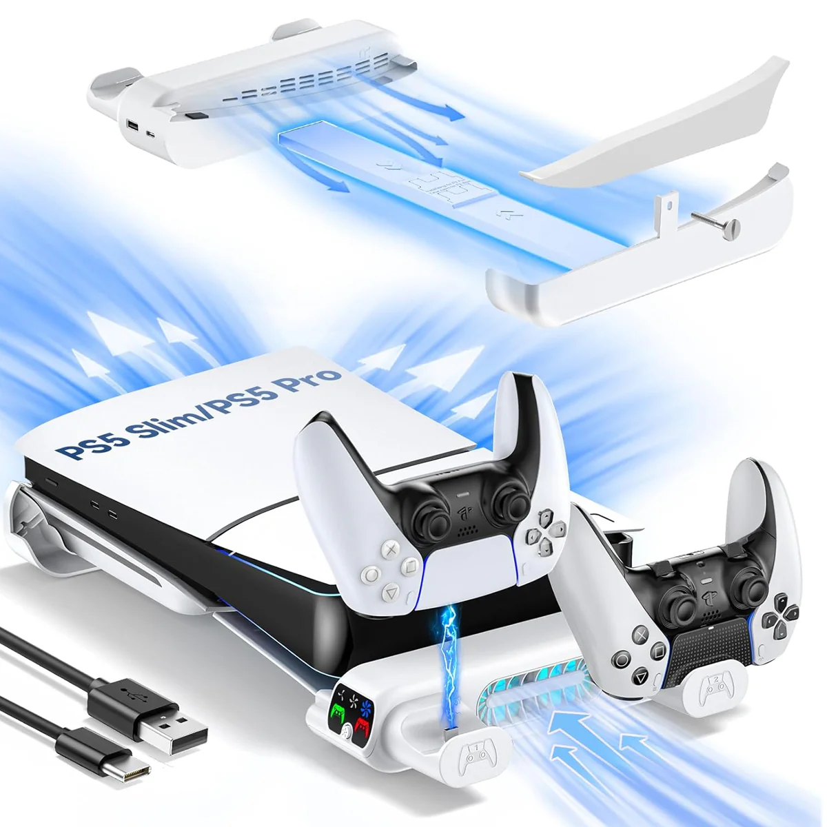 Tokluck Multi-Function Horizontal Cooling Stand and Controller Charger w/ LED Light for PS5 Slim & PS5 Pro (White) (VG-P5299XS-Pro) - Image 3