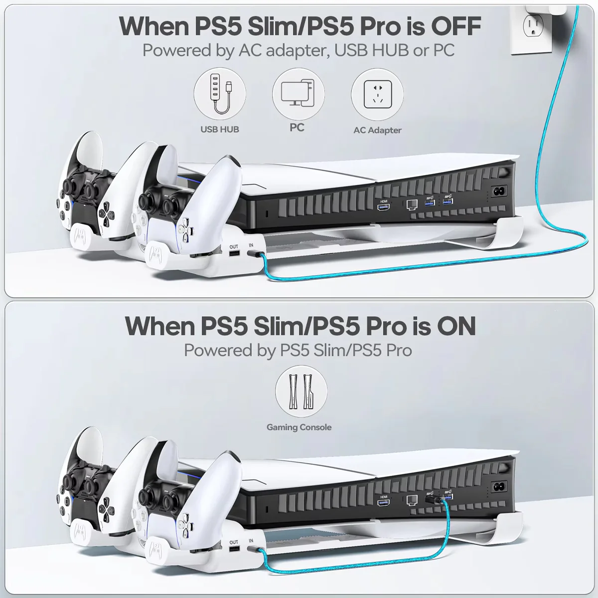 Tokluck Multi-Function Horizontal Cooling Stand and Controller Charger w/ LED Light for PS5 Slim & PS5 Pro (White) (VG-P5299XS-Pro) - Image 5