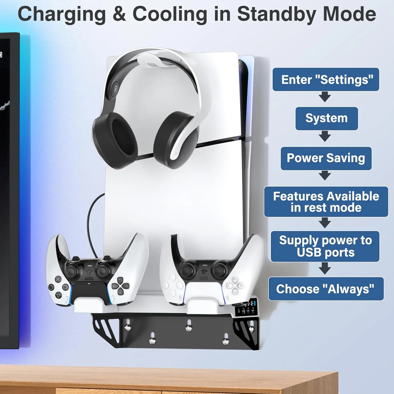 OIVO Wall Mounted Cooling Stand with Controller Charger for PS5 / PS5 Slim / PS5 Pro (Black/White) (VG-P5326X-Pro) - Image 8