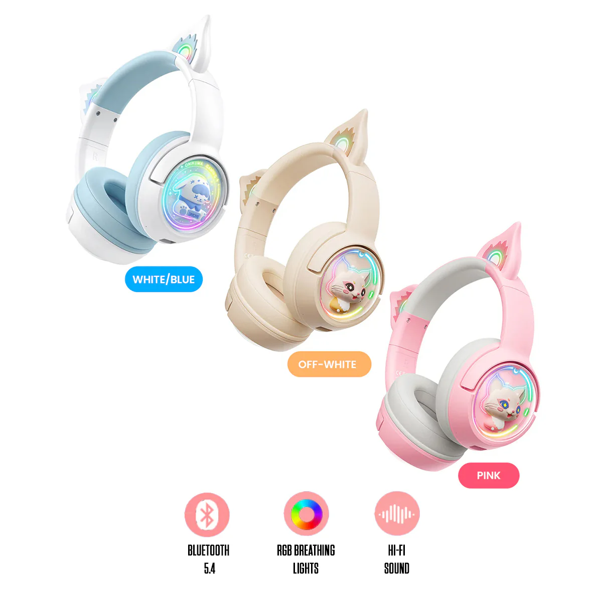 Onikuma B5 RGB Cat Ear Wireless Gaming Headset (White/Blue, Off-White, Pink)