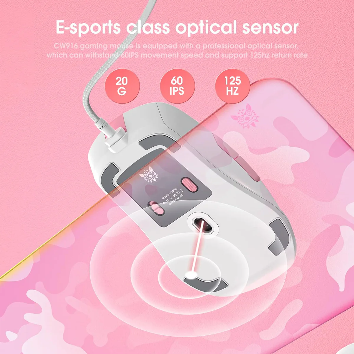 Onikuma CW916 RGB Wired Professional Gaming Mouse (White/Pink) - Image 5