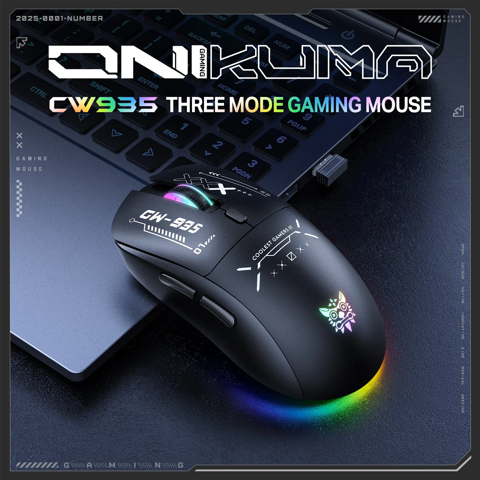 Onikuma CW935 RGB Tri-Mode Wireless Gaming Mouse (Black) - Image 7