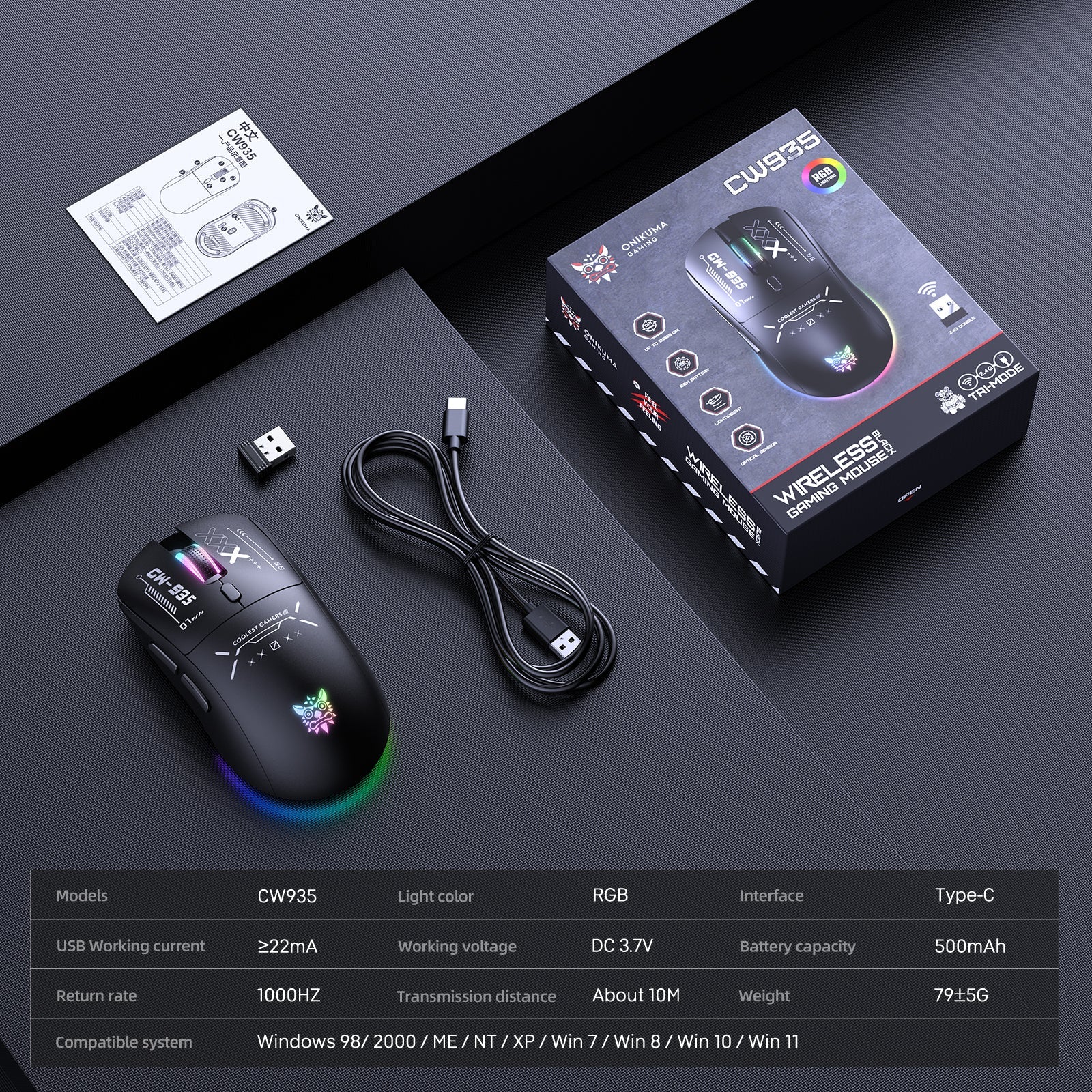 Onikuma CW935 RGB Tri-Mode Wireless Gaming Mouse (Black) - Image 8
