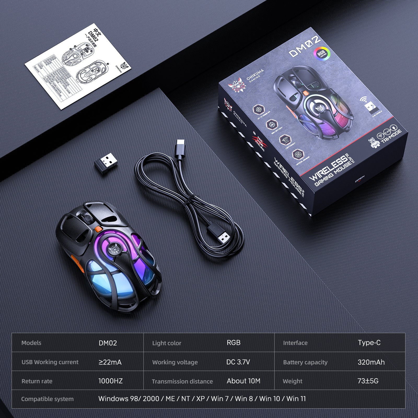 Onikuma DM02 Tri-Mode RGB Wireless Gaming Mouse (Black, Grey) - Image 10