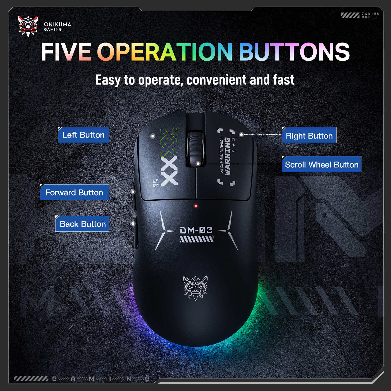 Onikuma DM03 Tri-Mode RGB Wireless Gaming Mouse (Black) - Image 2