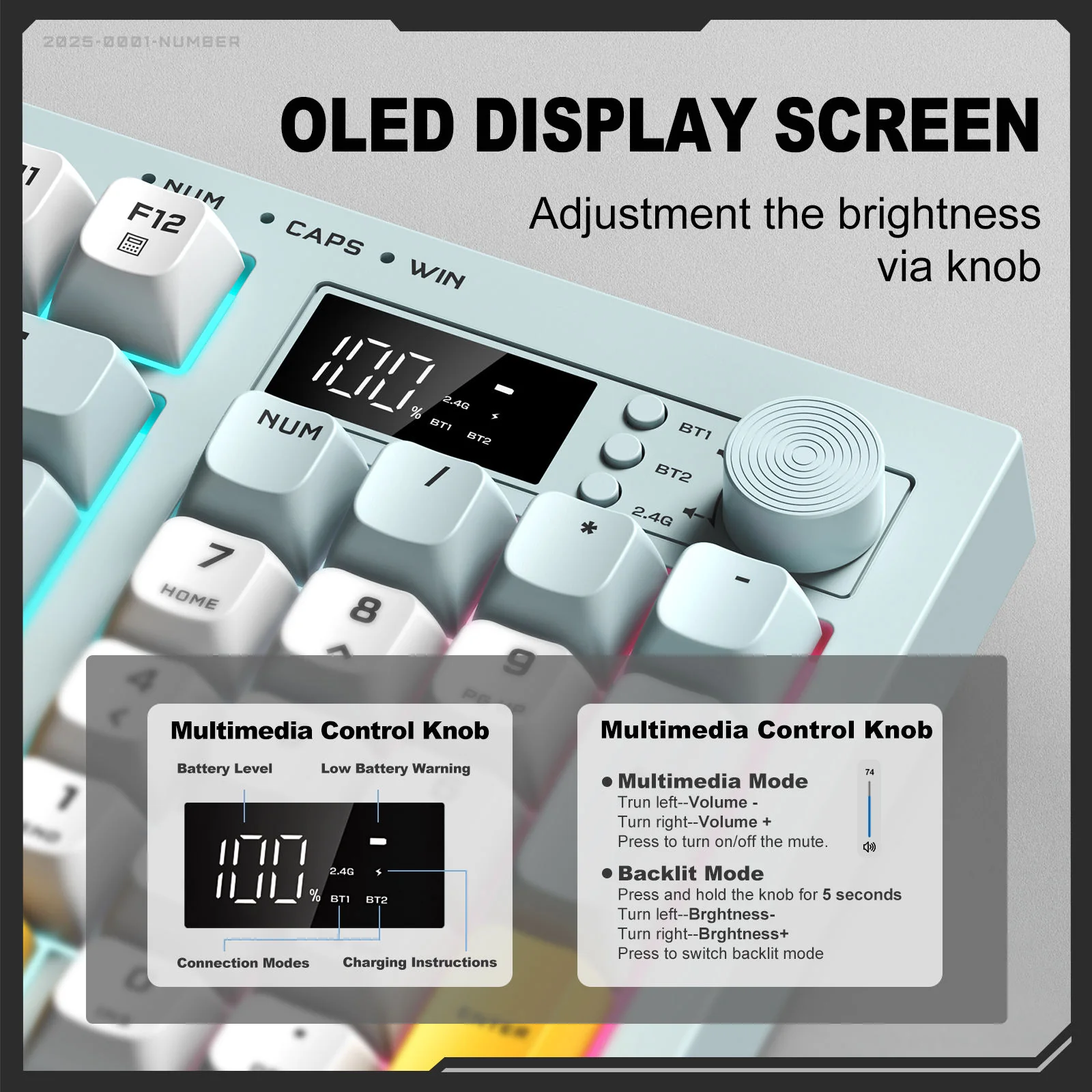 Onikuma G80 94-Key RGB Tri-Mode Membrane Keyboard with Knob and LCD Screen - Image 4