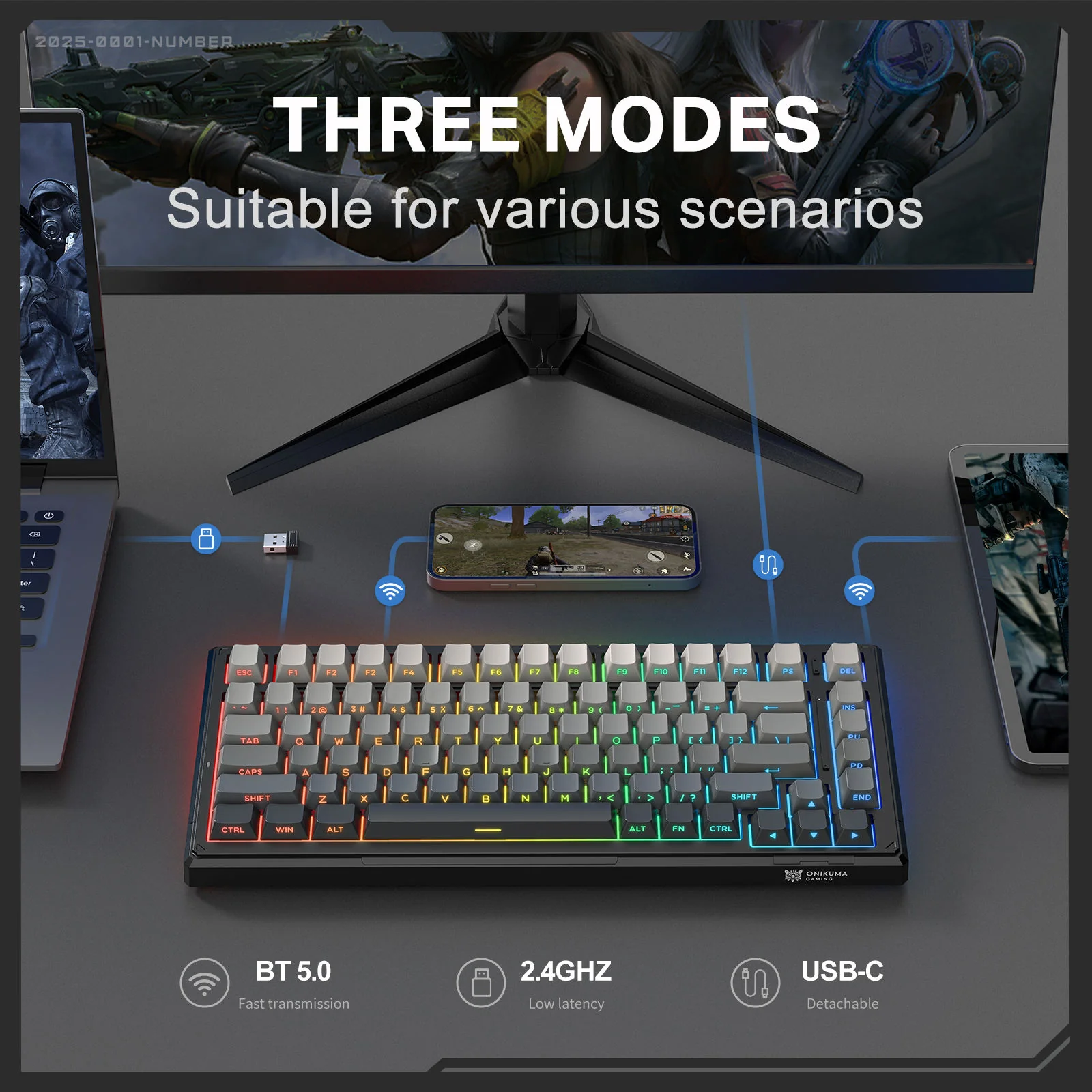 Onikuma G83 83-Key RGB Tri-Mode Hot-Swappable Mechanical Keyboard (Goertek Pink Linear Axis) - Image 3