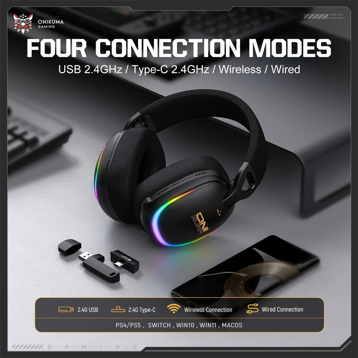 Onikuma GT805 4-Mode RGB Gaming Headset (Black, White) - Image 3