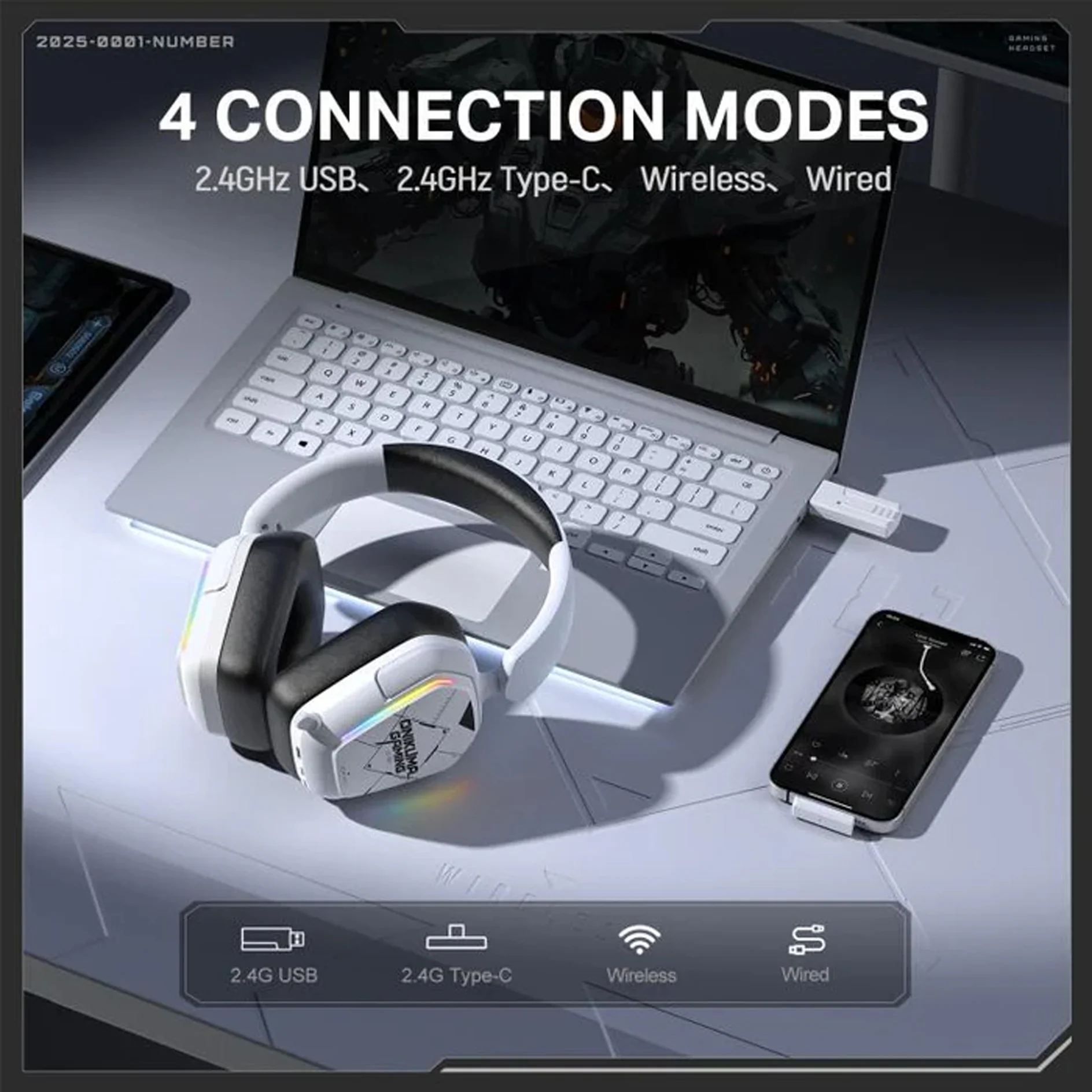 Onikuma GT883 4-Mode Gaming Headset (White/Black) - Image 3