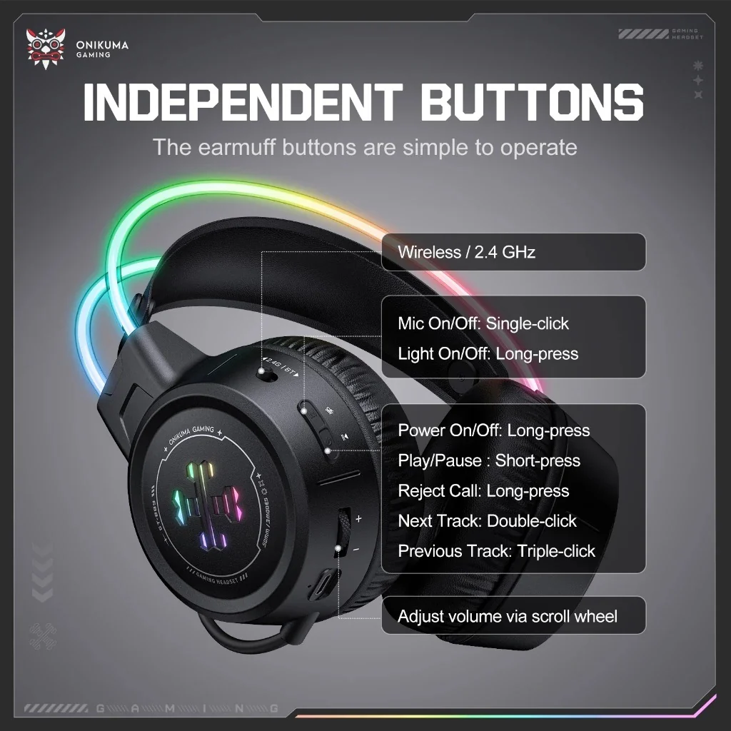 Onikuma GT889 Tri-Mode Gaming Headset (Black) - Image 5