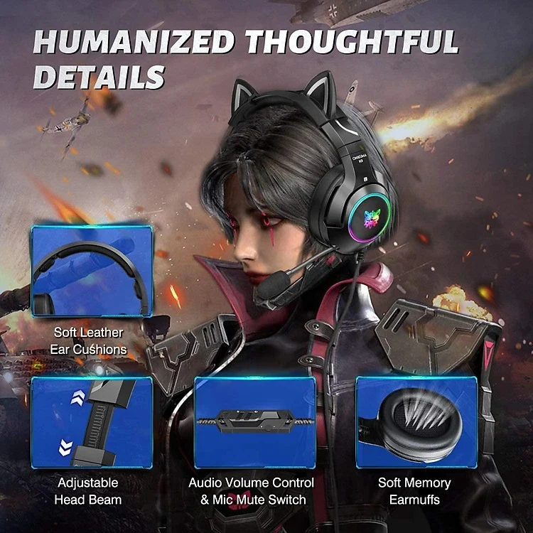 Onikuma K9 Cat Ears RGB Noise Cancelling Gaming Headset With Microphone (Black) - Image 5