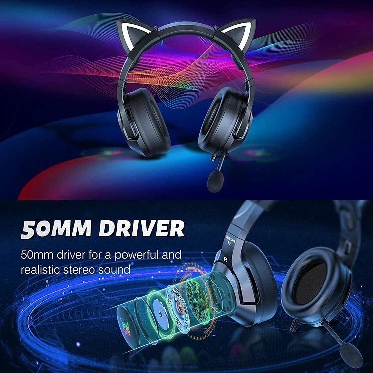 Onikuma K9 Cat Ears RGB Noise Cancelling Gaming Headset With Microphone (Black) - Image 7