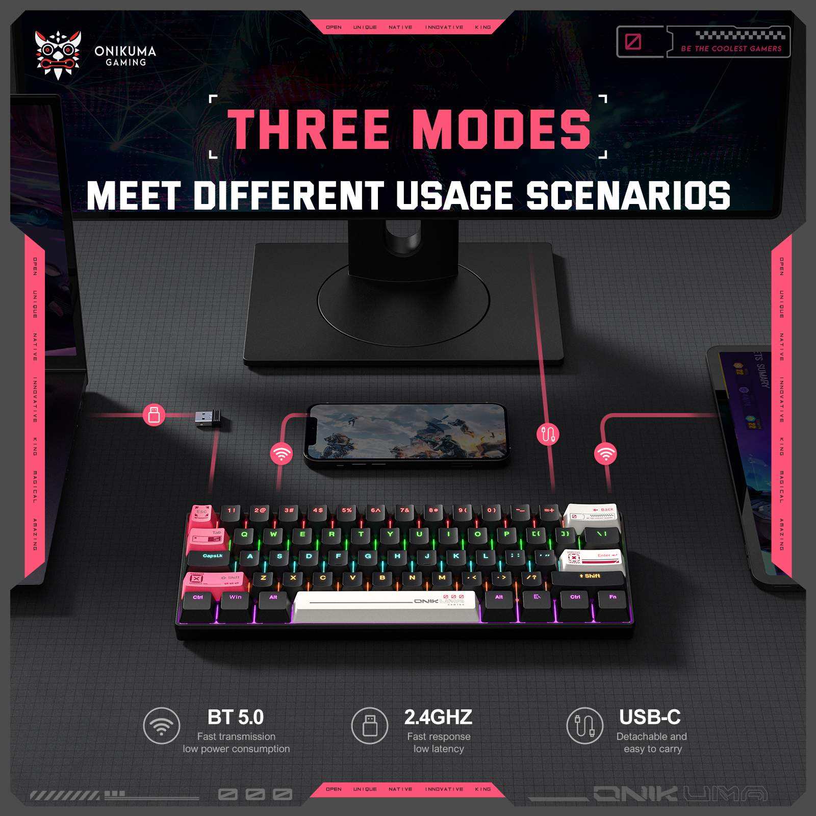 Onikuma MT605 Tri-Mode RGB 61 Keys Mechanical Keyboard (Black) (Red Axis) - Image 3