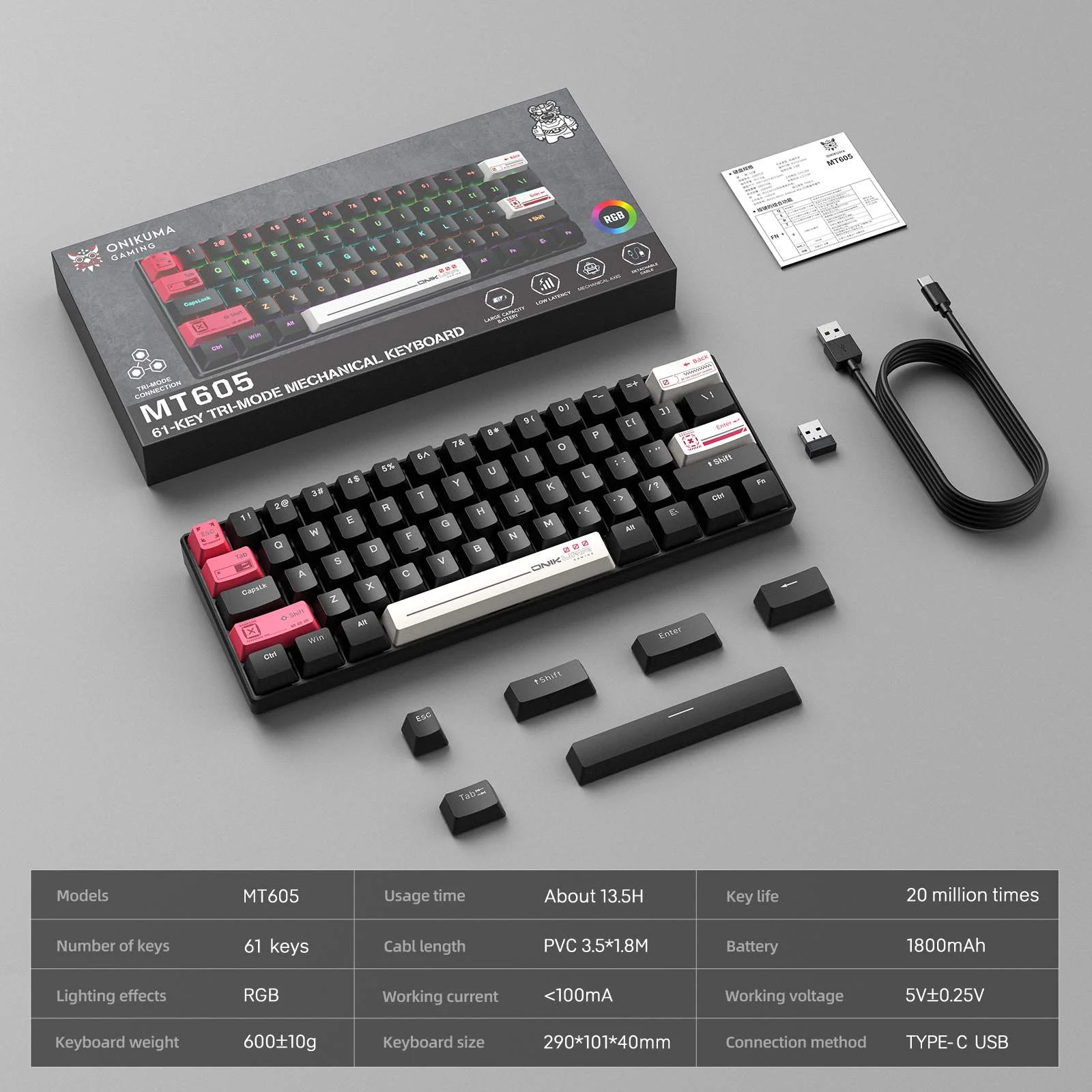 Onikuma MT605 Tri-Mode RGB 61 Keys Mechanical Keyboard (Black) (Red Axis) - Image 7