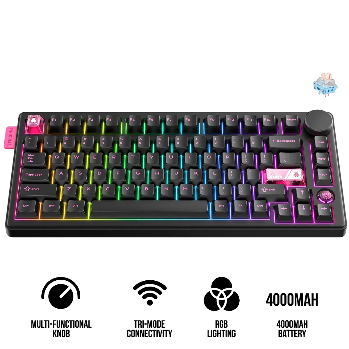 Onikuma MT706 Tri-Mode RGB 81 Keys Mechanical Keyboard with Knob (Black)