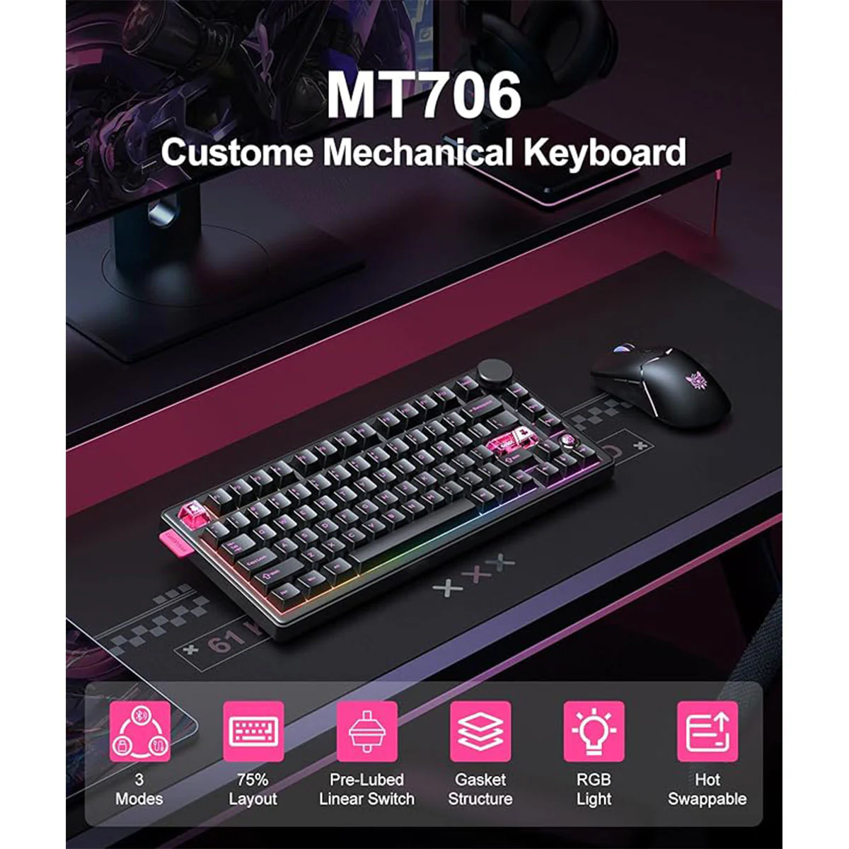 Onikuma MT706 Tri-Mode RGB 81 Keys Mechanical Keyboard with Knob (Black) - Image 5