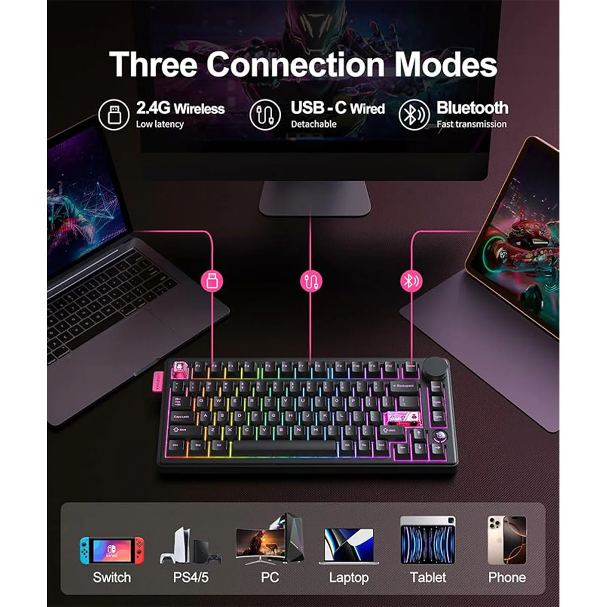 Onikuma MT706 Tri-Mode RGB 81 Keys Mechanical Keyboard with Knob (Black) - Image 6