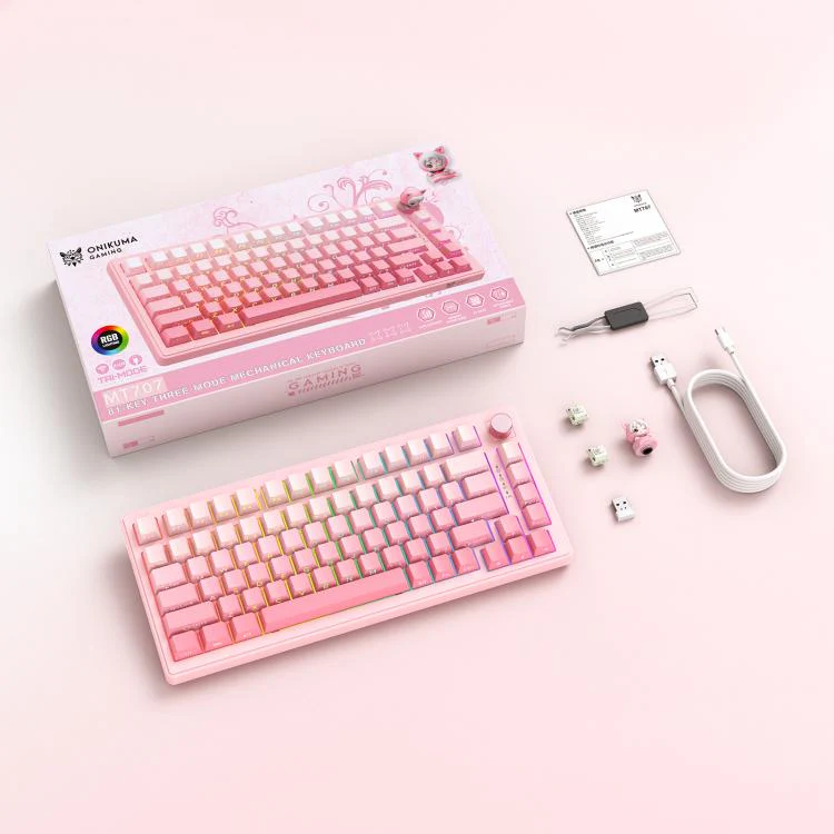 Onikuma MT707 Tri-Mode RGB 81 Keys Mechanical Keyboard with Creative Doll Knob (Pink) - Image 6