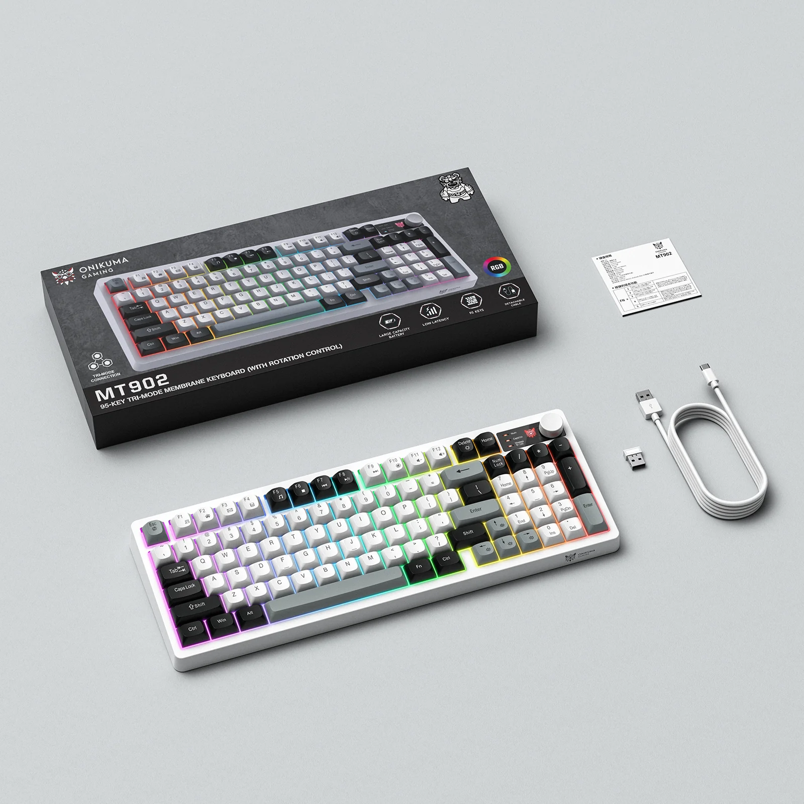 Onikuma MT902 Tri-Mode RGB 95 Keys Membrane Keyboard with Rotation Control (Black/White/Grey) - Image 6