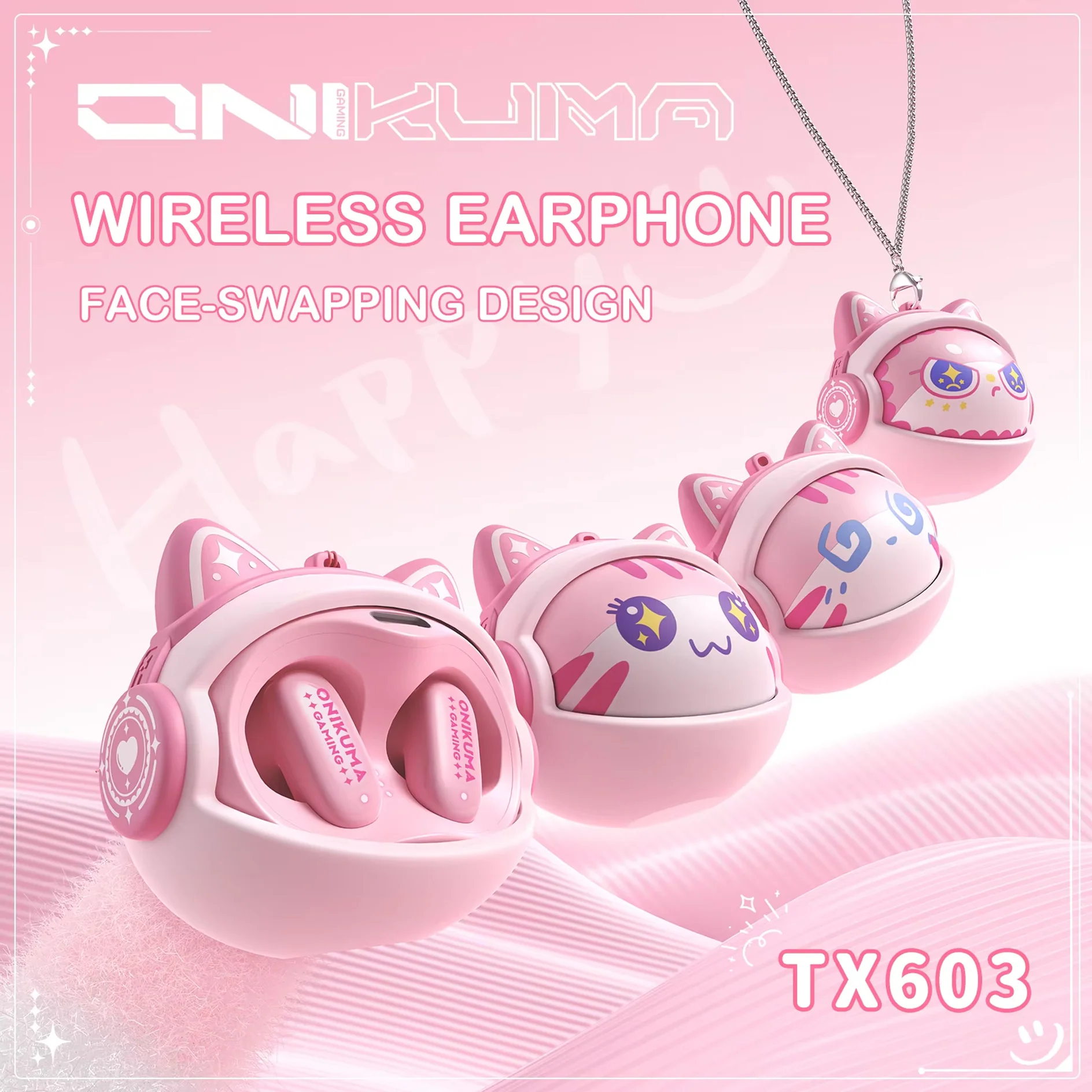 Onikuma TX603 ENC Dual Microphone Noise Reduction Wireless Earphones (Pink) - Image 3