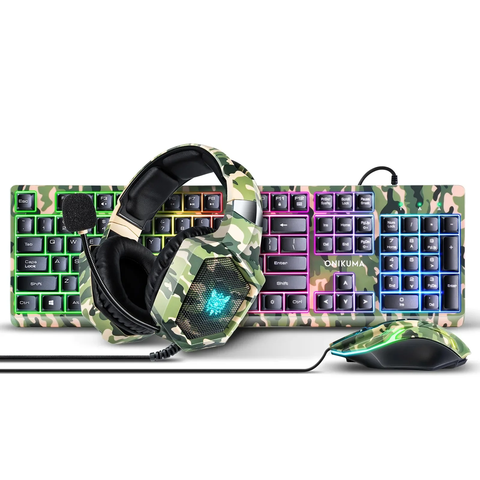Onikuma TZ3003 3-in-1 RGB Wired Keyboard/ Mouse/ Headset Gaming Combo (Camo Green)
