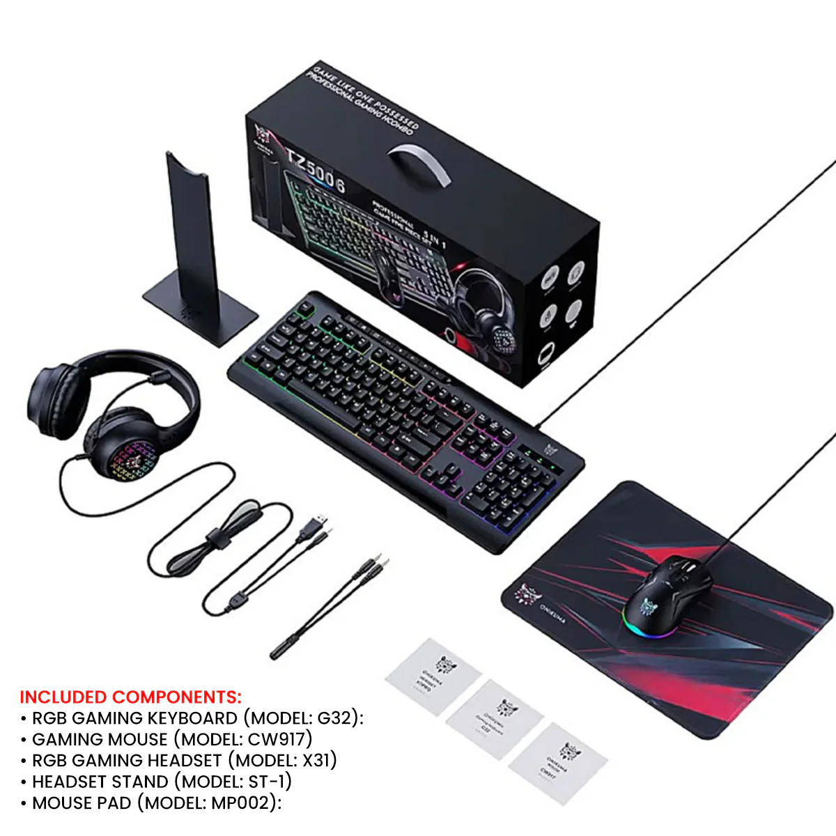 Onikuma TZ5008 5-in-1 RGB Keyboard / Mouse / Headset / Mousepad / Headset Stand Gaming Combo (Black)