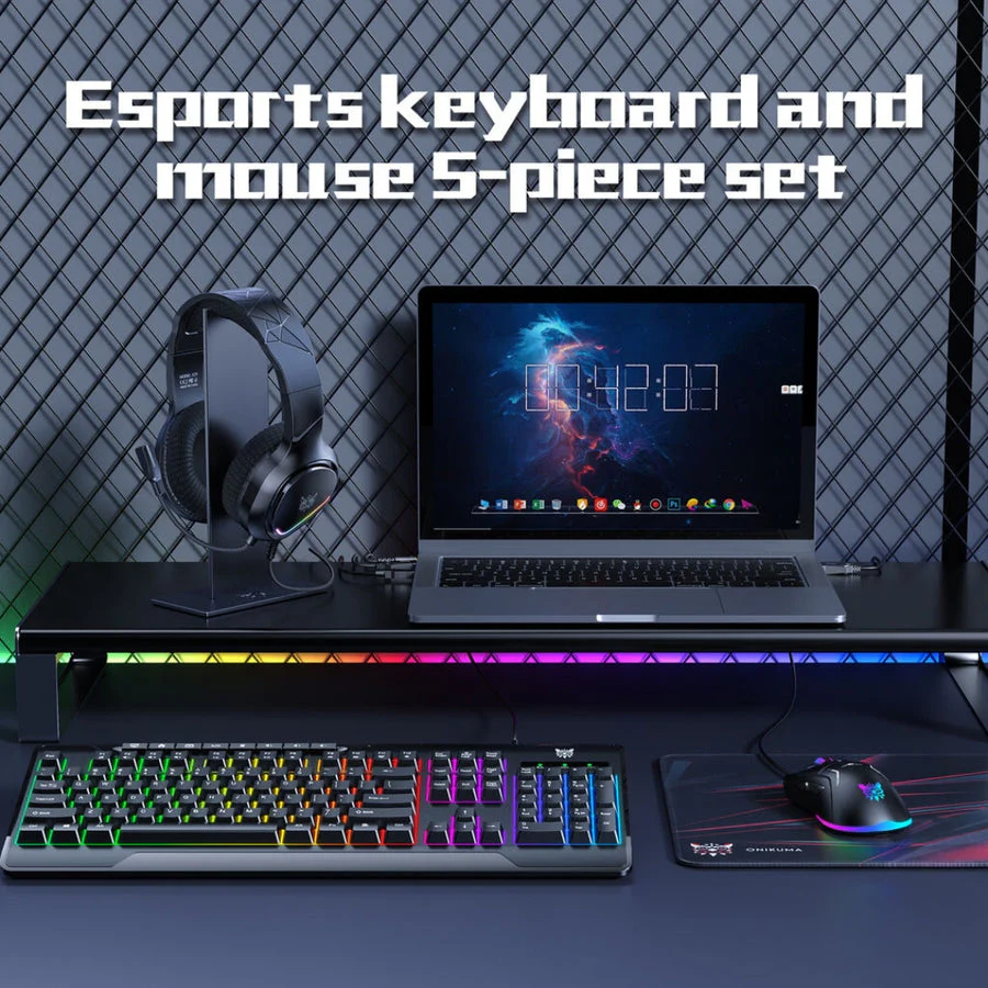 Onikuma TZ5008 5-in-1 RGB Keyboard / Mouse / Headset / Mousepad / Headset Stand Gaming Combo (Black) - Image 2