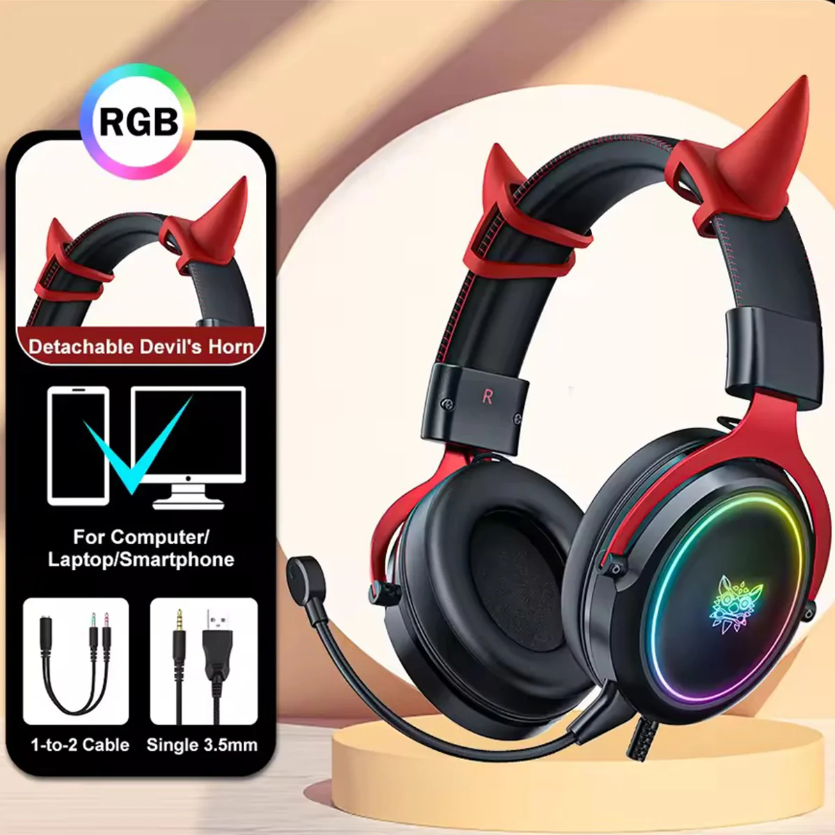 Onikuma X10 Ox Horn RGB Wired Professional Gaming Headset with Noise Cancellation Microphone (Black Red) - Image 6