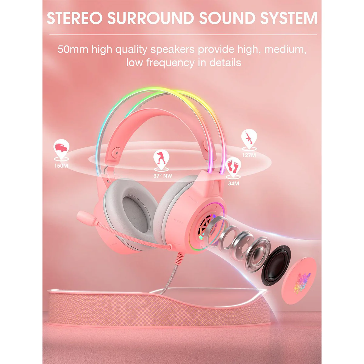 Onikuma X15 Pro Gaming Headset with Noise Cancellation Microphone (Pink) - Image 6