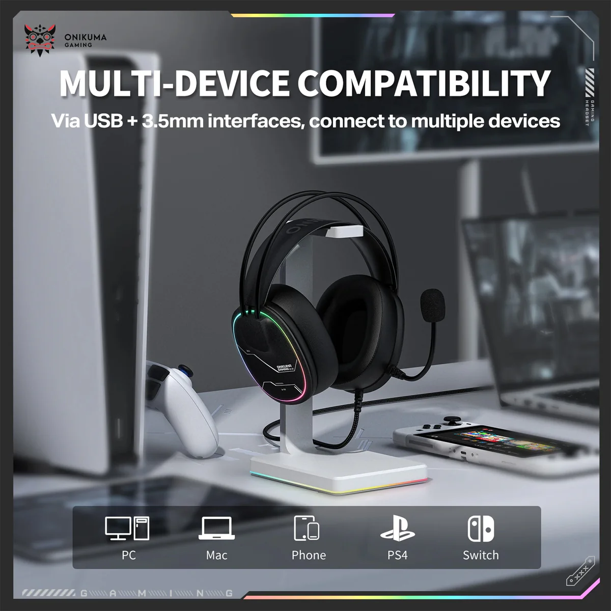 Onikuma X91 RGB Lightweight Gaming Headphone with Microphone (Black, Black/White) - Image 6