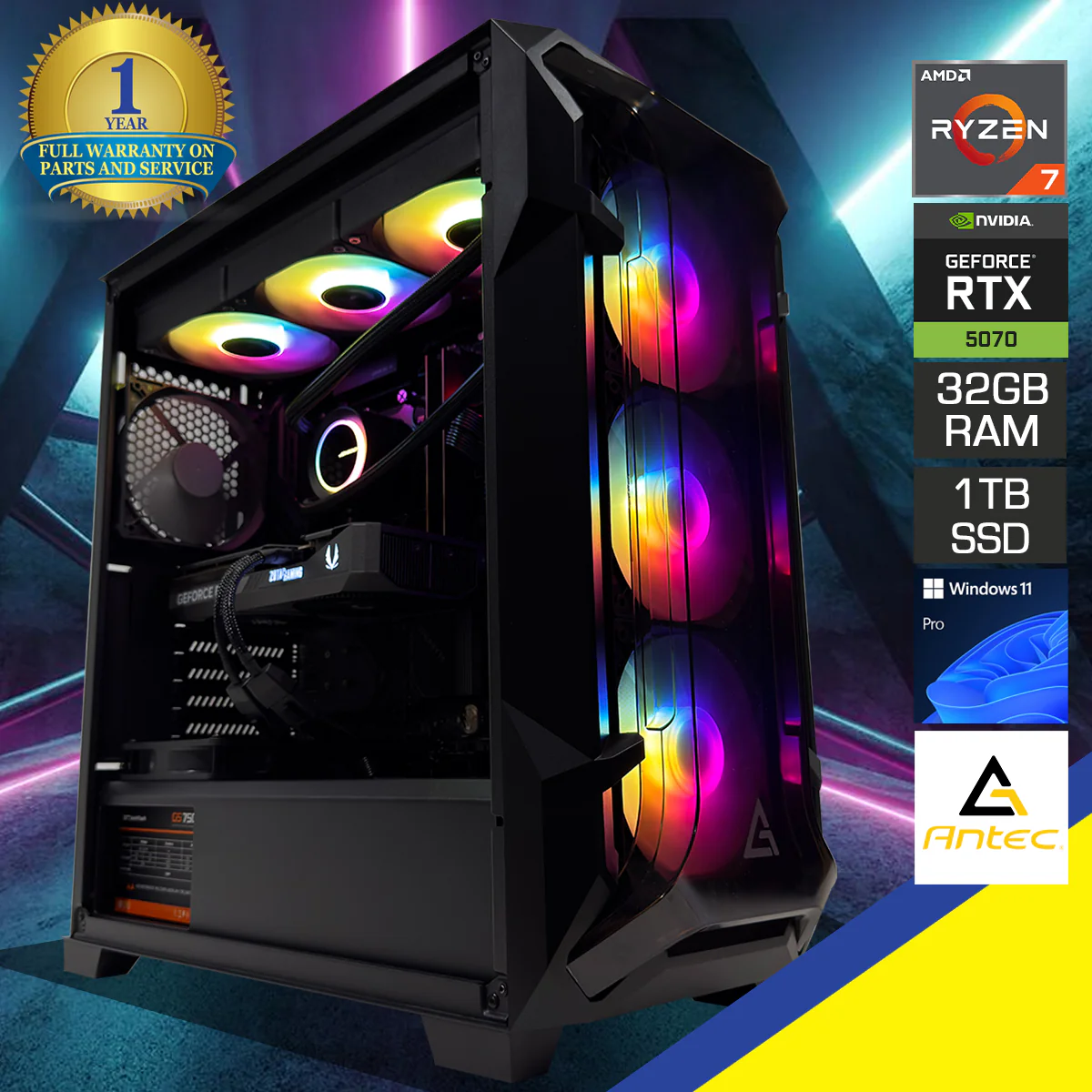 Optima Dark League Black Desktop Gaming PC | AMD Ryzen 7 7800X3D | 32GB RAM | 1TB SSD | RTX 5070 | Windows 11 Pro