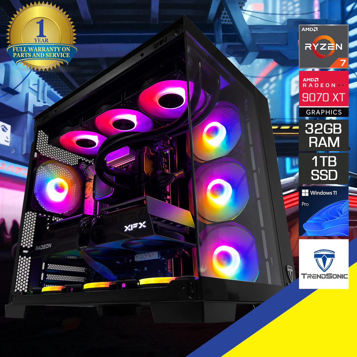 Optima Kratos Black Desktop Gaming PC | AMD Ryzen 7 7800X3D | 32GB (2x16GB) RAM | 1TB SSD | RX 9070 XT | Windows 11 Pro