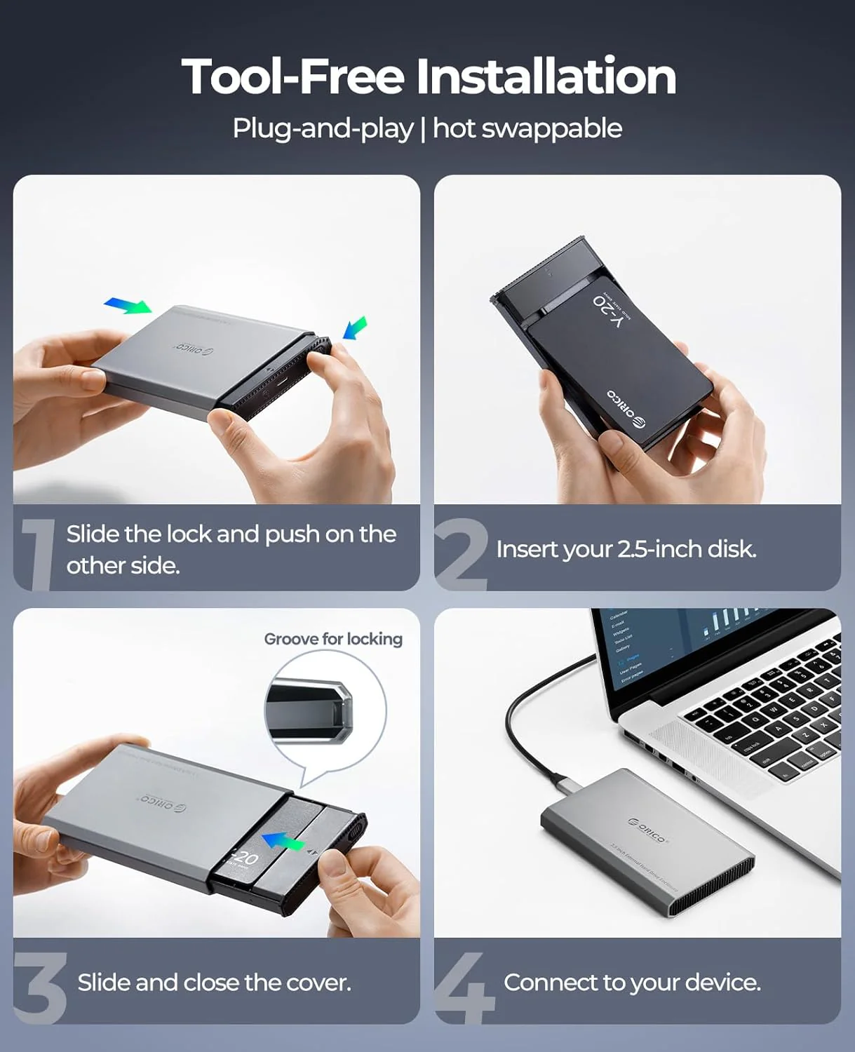Orico 2.5" Aluminum Alloy Type-C Gen1 External Case External Hard Drive Enclosure (DD25-C3) (Grey) - Image 5