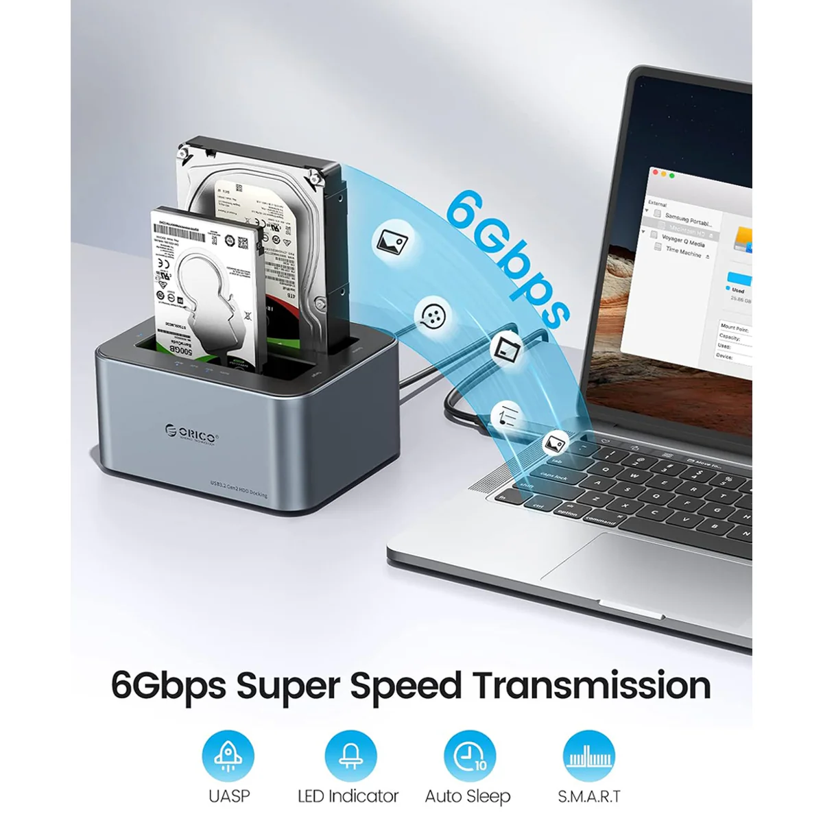 ORICO 2 Bay Hard Drive Dock HDD/SSD (6626C3-C-V1-US-GY-BP-HW) - Image 7