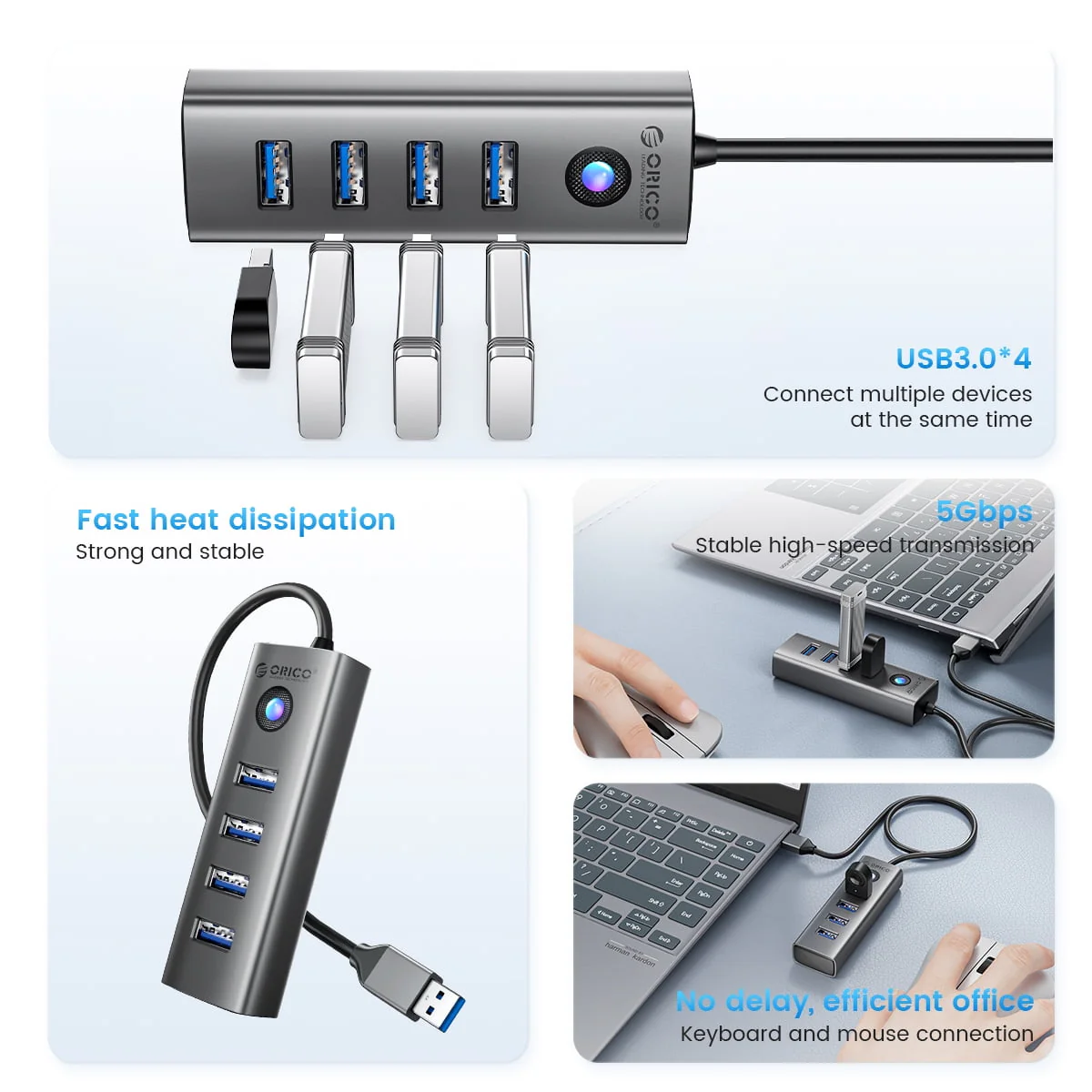 Orico 4 Ports USB 3.0 Hub Ultra-Slim Data USB Hub (PDD4U-U3) (Grey) - Image 3