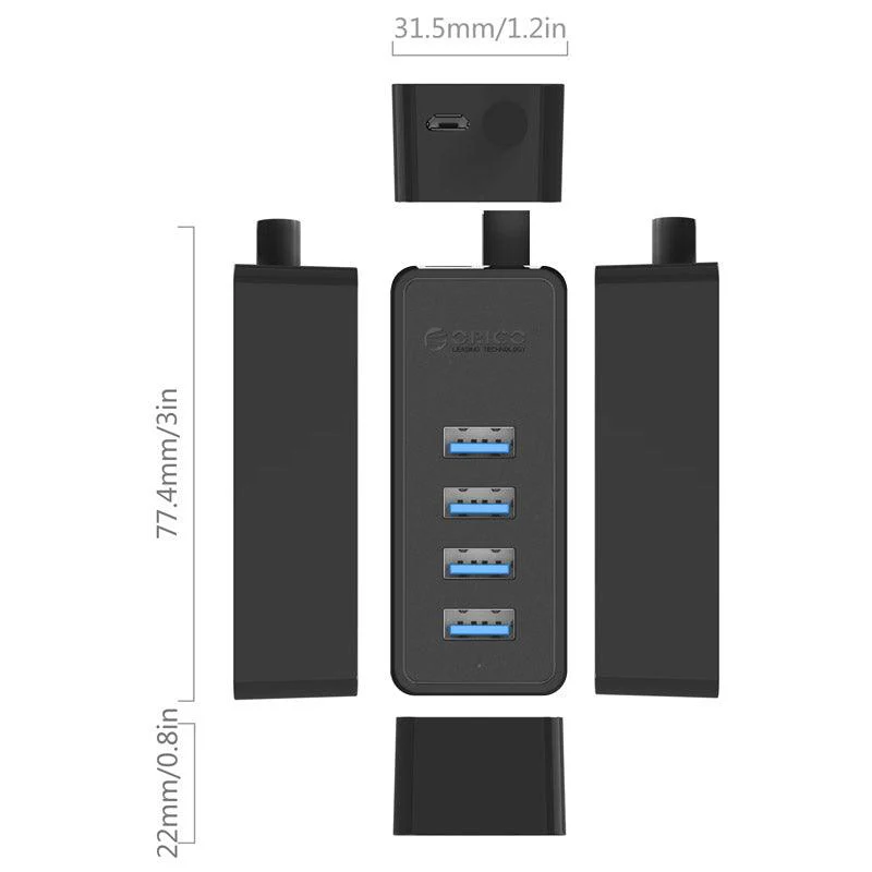 Orico W5P-U3 USB 3.0 4 Port Hub With Micro USB Power Input 30CM Cable Length (Black) - Image 3