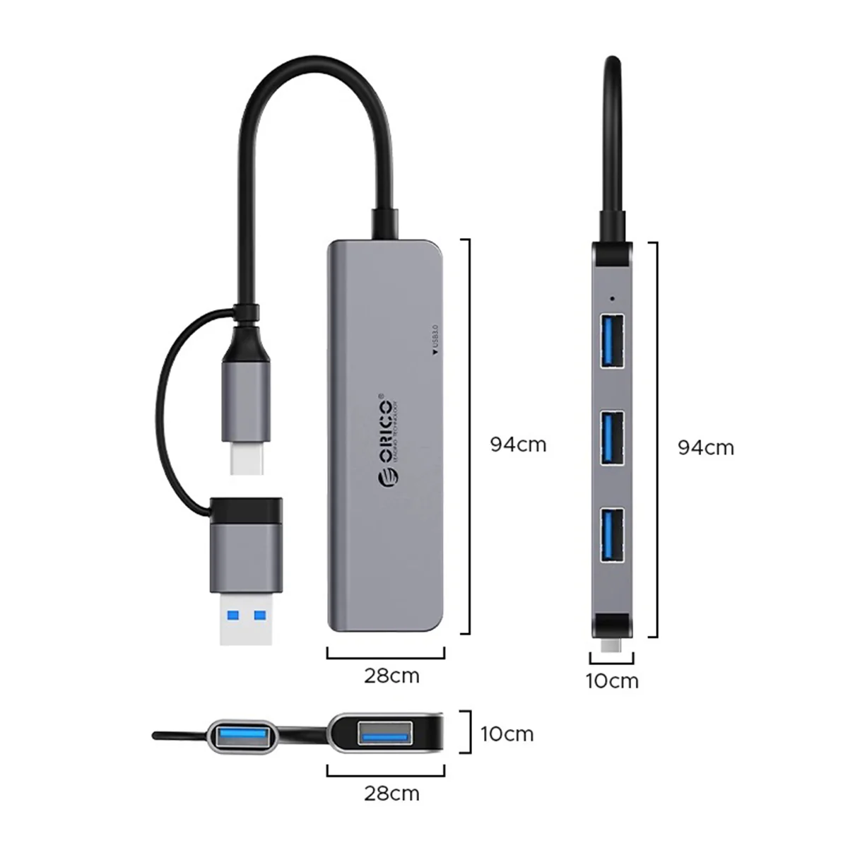 Orico YSA5-U3 4-Port Mini USB 3.0 Hub - 0.3M (Dark Grey) - Image 2