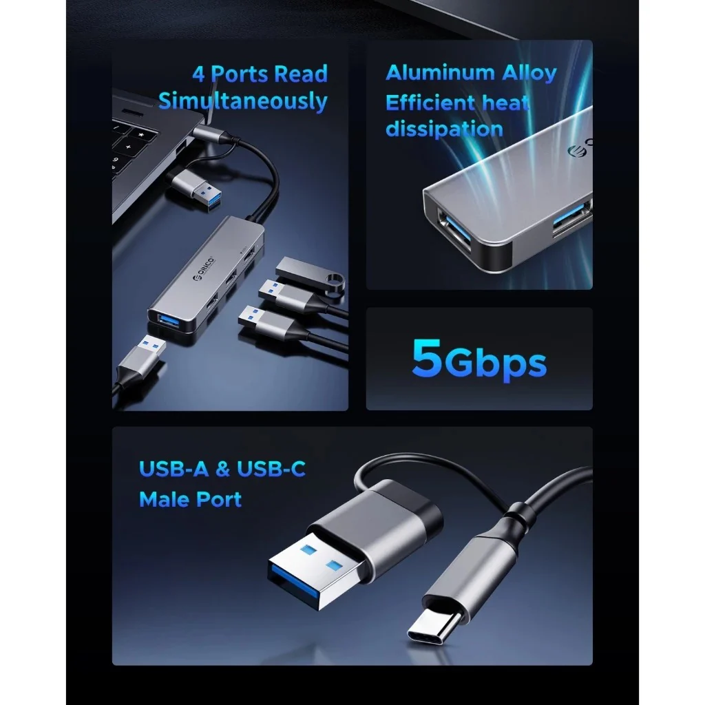Orico YSA5-U3 4-Port Mini USB 3.0 Hub - 0.3M (Dark Grey) - Image 8