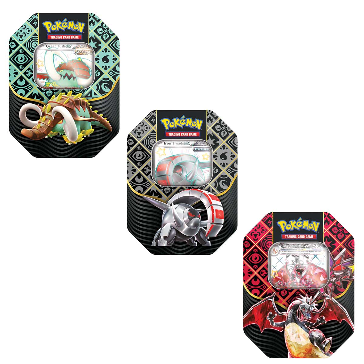 Pokemon TCG SV4.5 Scarlet & Violet Paldean Fates Tin (210-85620) (Great Tusk Ex, Iron Treads Ex, Charizard Ex)