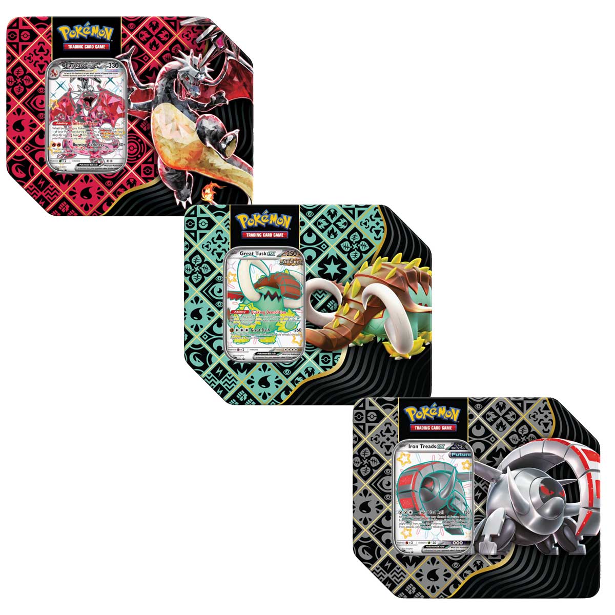 Pokemon TCG SV4.5 Scarlet & Violet Paldean Fates Tin 5-Booster (210-85624) (Charizard Ex, Great Tusk Ex, Iron Treads Ex)