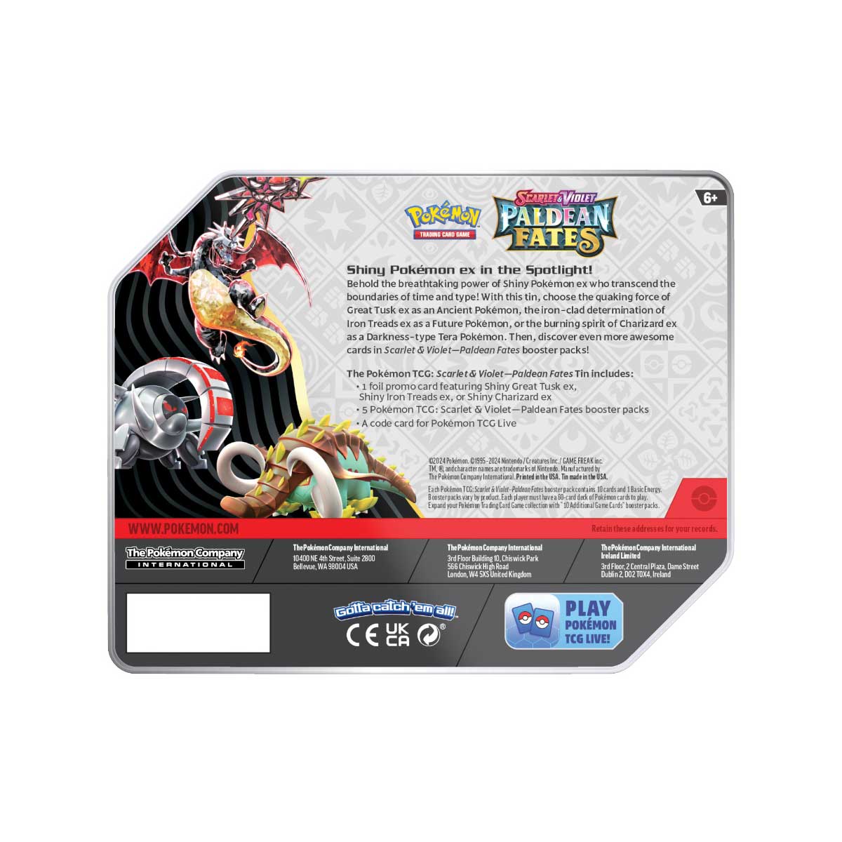 Pokemon TCG SV4.5 Scarlet & Violet Paldean Fates Tin 5-Booster (210-85624) (Charizard Ex, Great Tusk Ex, Iron Treads Ex) - Image 6
