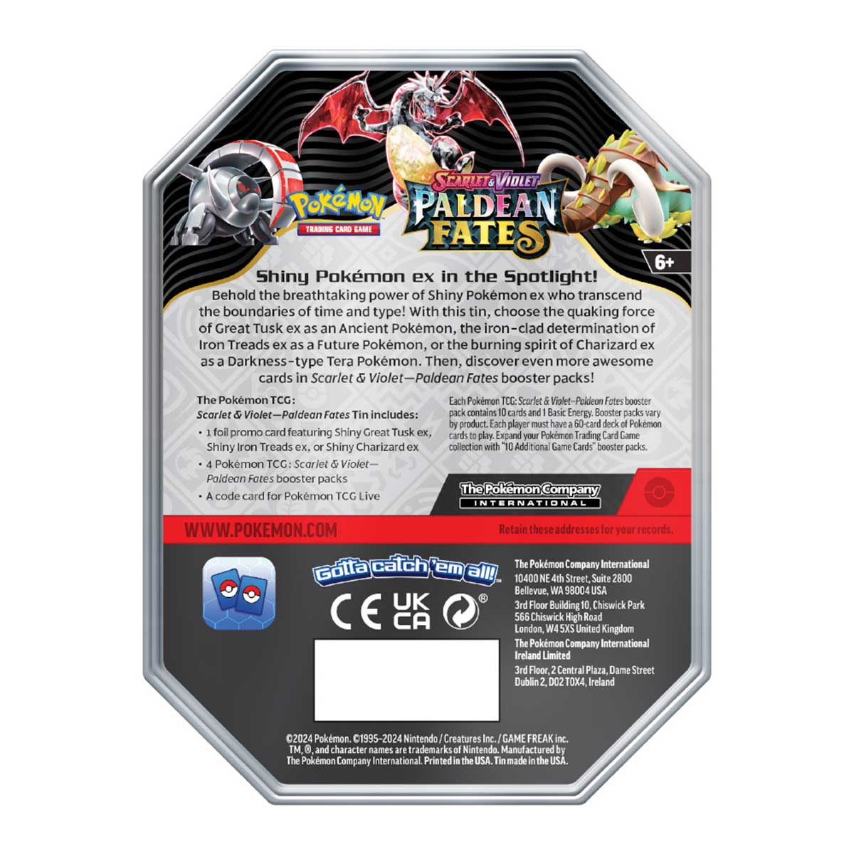 Pokemon TCG SV4.5 Scarlet & Violet Paldean Fates Tin (210-85620) (Great Tusk Ex, Iron Treads Ex, Charizard Ex) - Image 5