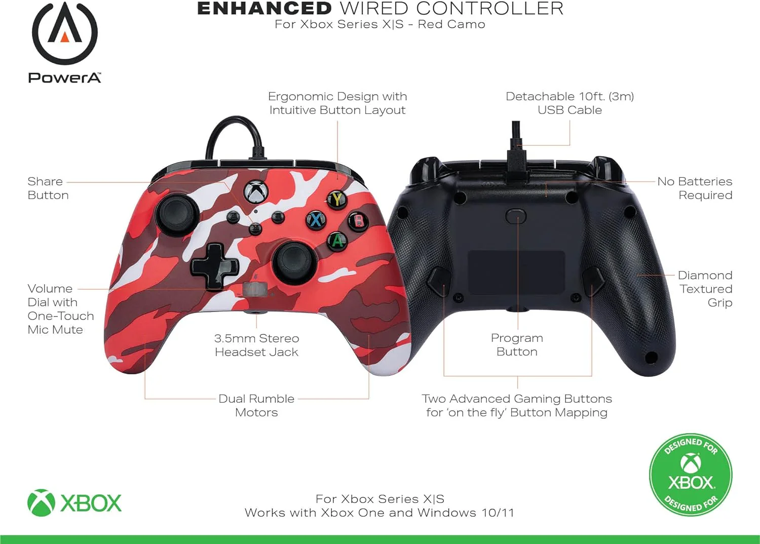 Power A Xbox Enhanced Wired Controller Red Camo For Xbox (1525942-01) - Image 8